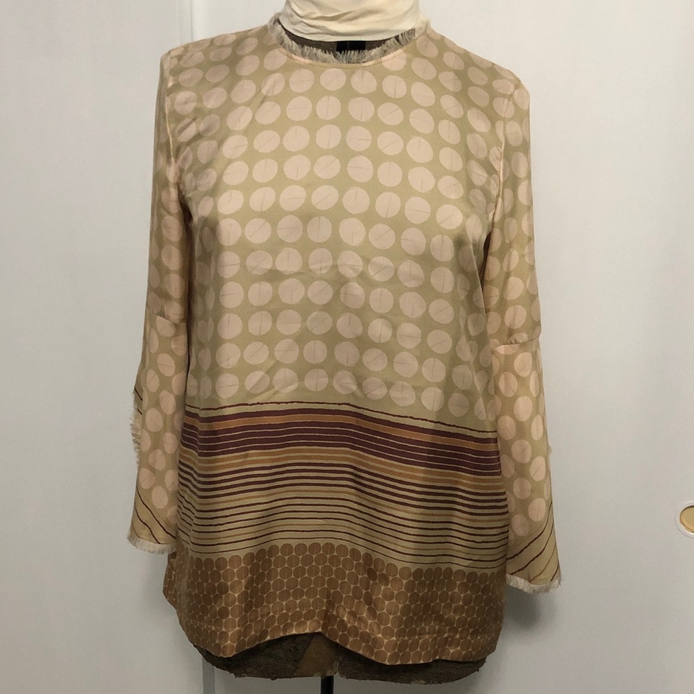 Elegant Beige Patterned 100% Silk Women's Top